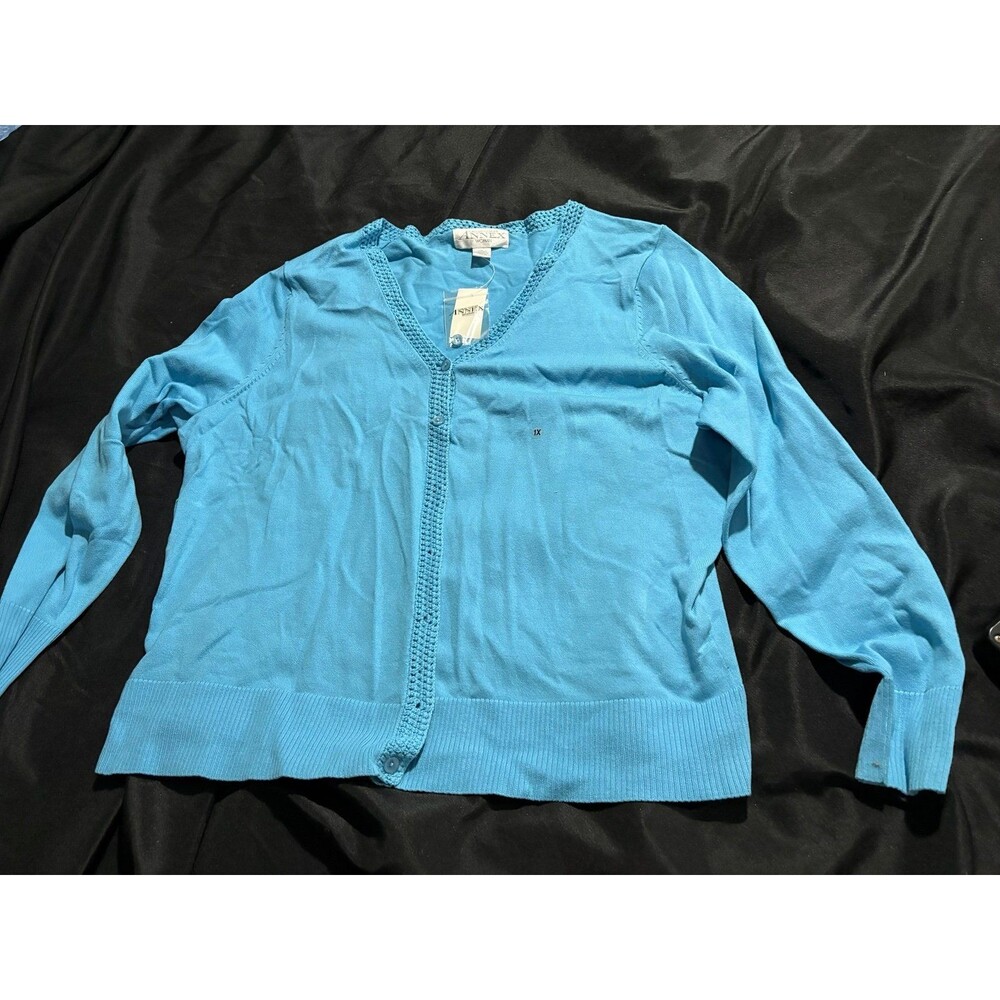 Casual Corner turquoise blue cardigan delicate crochet-style trim 1X